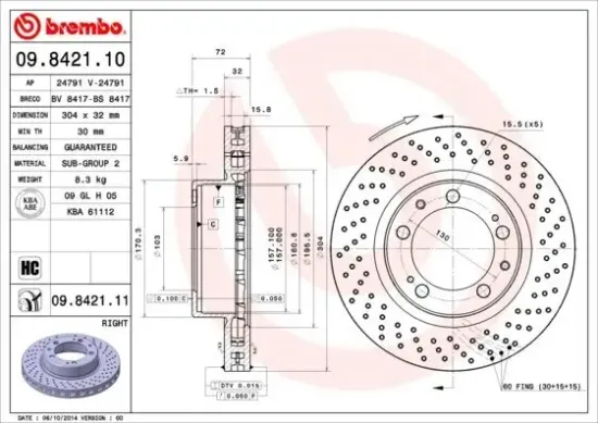 Bremsscheibe Vorderachse Vorderachse rechts BREMBO 09.8421.11 Bild Bremsscheibe Vorderachse Vorderachse rechts BREMBO 09.8421.11