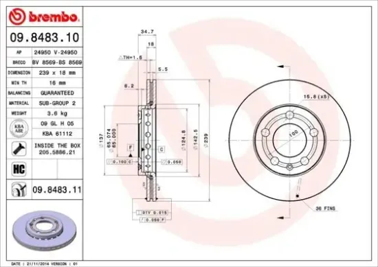 Bremsscheibe Vorderachse BREMBO 09.8483.11 Bild Bremsscheibe Vorderachse BREMBO 09.8483.11