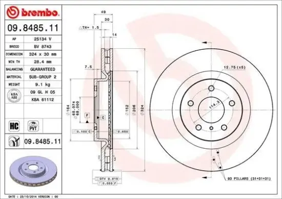 Bremsscheibe Vorderachse BREMBO 09.8485.11 Bild Bremsscheibe Vorderachse BREMBO 09.8485.11