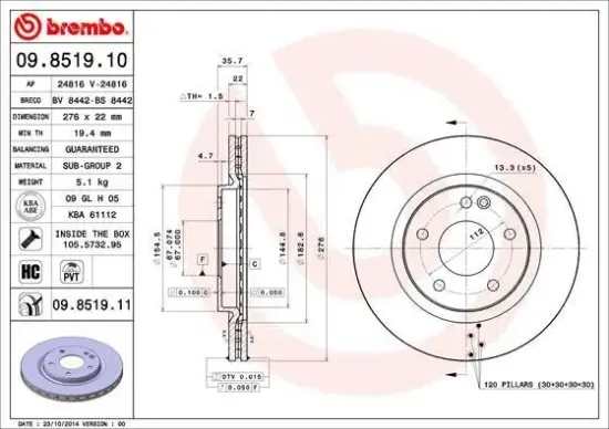 Bremsscheibe Vorderachse BREMBO 09.8519.11 Bild Bremsscheibe Vorderachse BREMBO 09.8519.11