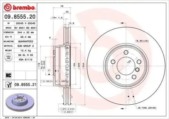 Bremsscheibe Vorderachse BREMBO 09.8555.21 Bild Bremsscheibe Vorderachse BREMBO 09.8555.21
