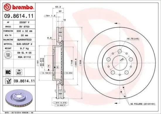 Bremsscheibe Vorderachse BREMBO 09.8614.11 Bild Bremsscheibe Vorderachse BREMBO 09.8614.11