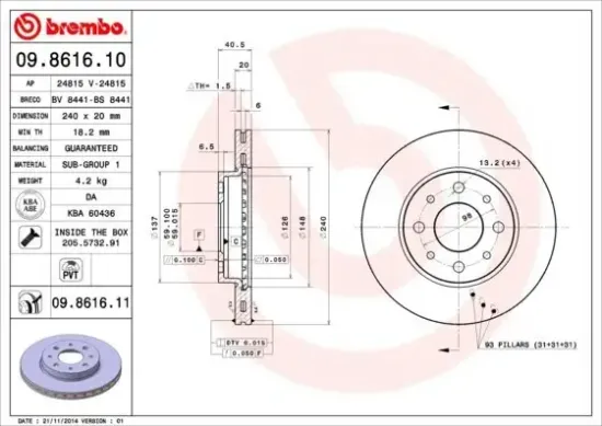 Bremsscheibe Vorderachse BREMBO 09.8616.11 Bild Bremsscheibe Vorderachse BREMBO 09.8616.11
