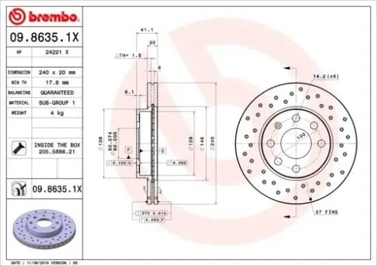 Bremsscheibe Vorderachse BREMBO 09.8635.1X Bild Bremsscheibe Vorderachse BREMBO 09.8635.1X