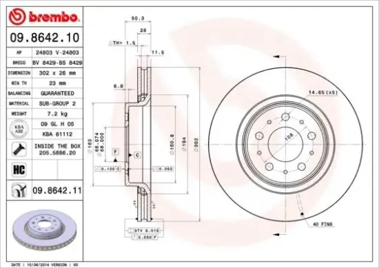 Bremsscheibe Vorderachse BREMBO 09.8642.11 Bild Bremsscheibe Vorderachse BREMBO 09.8642.11