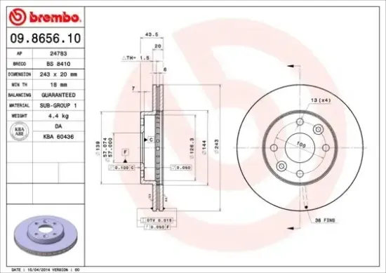 Bremsscheibe Vorderachse BREMBO 09.8656.10 Bild Bremsscheibe Vorderachse BREMBO 09.8656.10