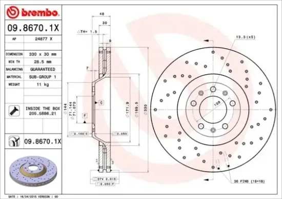 Bremsscheibe Vorderachse BREMBO 09.8670.1X Bild Bremsscheibe Vorderachse BREMBO 09.8670.1X