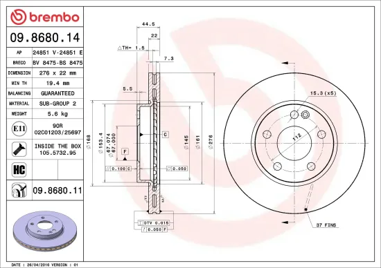 Bremsscheibe Vorderachse BREMBO 09.8680.11 Bild Bremsscheibe Vorderachse BREMBO 09.8680.11