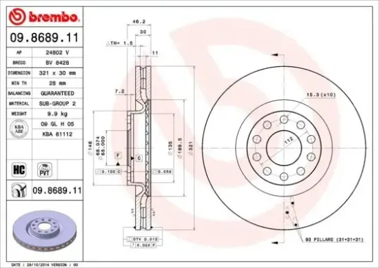 Bremsscheibe Vorderachse BREMBO 09.8689.11 Bild Bremsscheibe Vorderachse BREMBO 09.8689.11