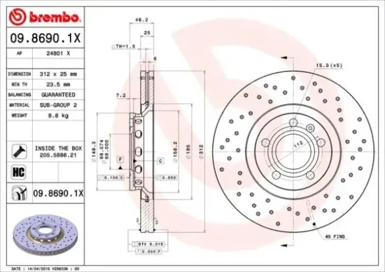 Bremsscheibe Vorderachse BREMBO 09.8690.1X Bild Bremsscheibe Vorderachse BREMBO 09.8690.1X