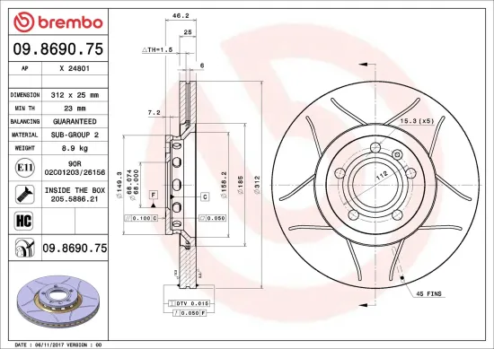 Bremsscheibe Vorderachse BREMBO 09.8690.75 Bild Bremsscheibe Vorderachse BREMBO 09.8690.75