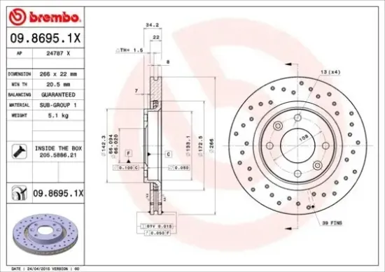 Bremsscheibe Vorderachse BREMBO 09.8695.1X Bild Bremsscheibe Vorderachse BREMBO 09.8695.1X