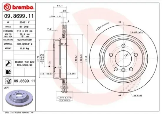 Bremsscheibe Hinterachse Hinterachse links BREMBO 09.8699.11 Bild Bremsscheibe Hinterachse Hinterachse links BREMBO 09.8699.11
