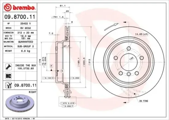 Bremsscheibe Hinterachse Hinterachse rechts BREMBO 09.8700.11 Bild Bremsscheibe Hinterachse Hinterachse rechts BREMBO 09.8700.11