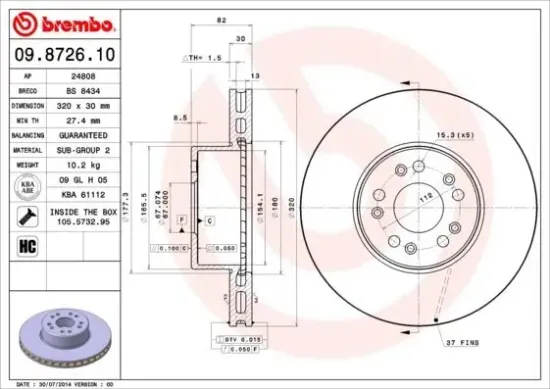 Bremsscheibe Vorderachse BREMBO 09.8726.10 Bild Bremsscheibe Vorderachse BREMBO 09.8726.10