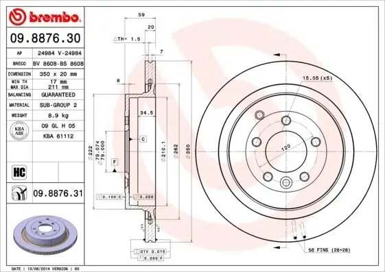 Bremsscheibe BREMBO 09.8876.31 Bild Bremsscheibe BREMBO 09.8876.31