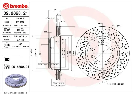 Bremsscheibe Hinterachse BREMBO 09.8890.21 Bild Bremsscheibe Hinterachse BREMBO 09.8890.21