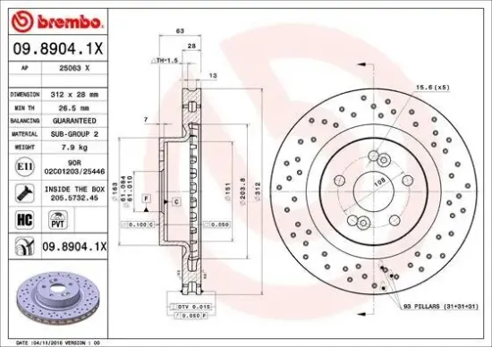 Bremsscheibe Vorderachse BREMBO 09.8904.1X Bild Bremsscheibe Vorderachse BREMBO 09.8904.1X