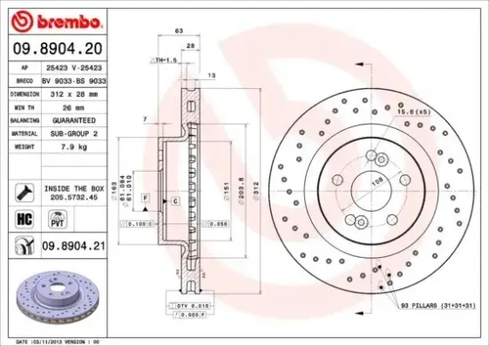 Bremsscheibe Vorderachse BREMBO 09.8904.21 Bild Bremsscheibe Vorderachse BREMBO 09.8904.21