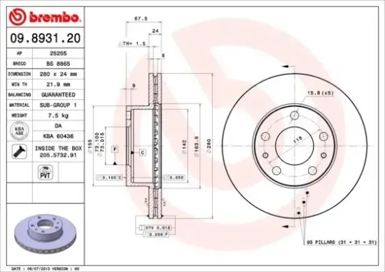 Bremsscheibe Vorderachse BREMBO 09.8931.21 Bild Bremsscheibe Vorderachse BREMBO 09.8931.21