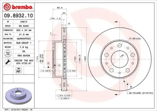 Bremsscheibe Vorderachse BREMBO 09.8932.10 Bild Bremsscheibe Vorderachse BREMBO 09.8932.10