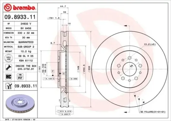 Bremsscheibe Vorderachse BREMBO 09.8933.11 Bild Bremsscheibe Vorderachse BREMBO 09.8933.11
