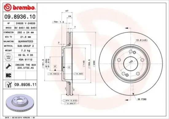 Bremsscheibe Vorderachse BREMBO 09.8936.11 Bild Bremsscheibe Vorderachse BREMBO 09.8936.11