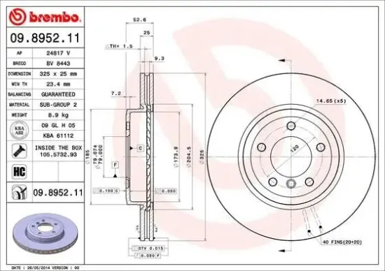 Bremsscheibe Vorderachse BREMBO 09.8952.11 Bild Bremsscheibe Vorderachse BREMBO 09.8952.11