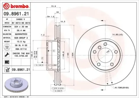 Bremsscheibe Vorderachse BREMBO 09.8961.21 Bild Bremsscheibe Vorderachse BREMBO 09.8961.21