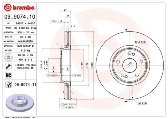 Bremsscheibe Vorderachse BREMBO 09.9074.11 Bild Bremsscheibe Vorderachse BREMBO 09.9074.11