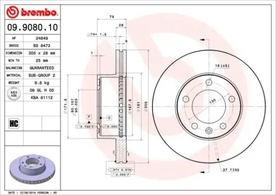 Bremsscheibe BREMBO 09.9080.10 Bild Bremsscheibe BREMBO 09.9080.10