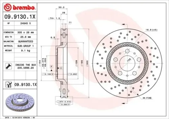 Bremsscheibe Vorderachse BREMBO 09.9130.1X Bild Bremsscheibe Vorderachse BREMBO 09.9130.1X
