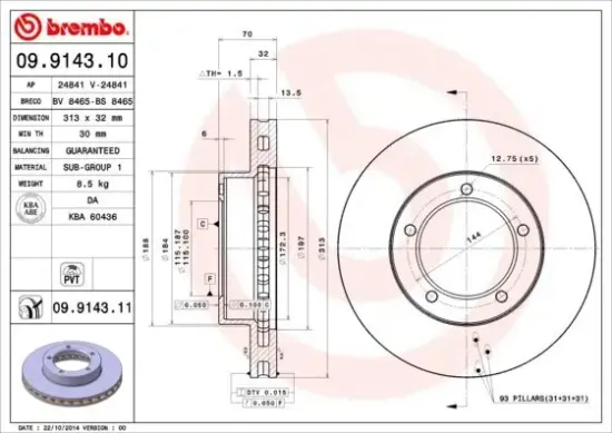 Bremsscheibe Vorderachse BREMBO 09.9143.11 Bild Bremsscheibe Vorderachse BREMBO 09.9143.11