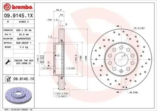 Bremsscheibe Vorderachse BREMBO 09.9145.1X Bild Bremsscheibe Vorderachse BREMBO 09.9145.1X