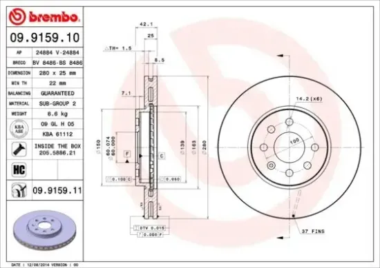 Bremsscheibe Vorderachse BREMBO 09.9159.11 Bild Bremsscheibe Vorderachse BREMBO 09.9159.11