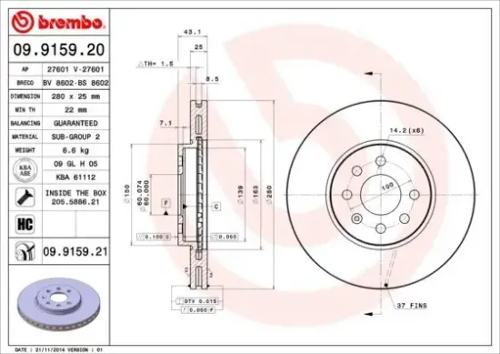 Bremsscheibe Vorderachse BREMBO 09.9159.21 Bild Bremsscheibe Vorderachse BREMBO 09.9159.21