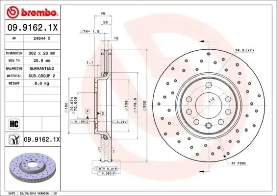 Bremsscheibe Vorderachse BREMBO 09.9162.1X Bild Bremsscheibe Vorderachse BREMBO 09.9162.1X