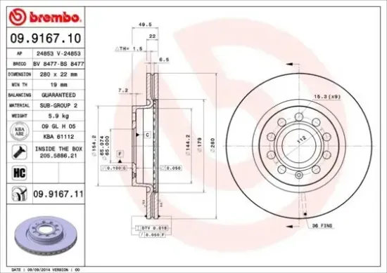 Bremsscheibe BREMBO 09.9167.11 Bild Bremsscheibe BREMBO 09.9167.11