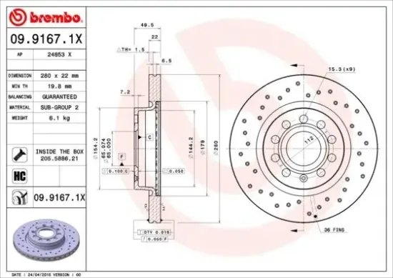 Bremsscheibe Vorderachse BREMBO 09.9167.1X Bild Bremsscheibe Vorderachse BREMBO 09.9167.1X