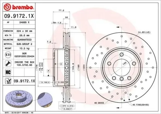 Bremsscheibe Vorderachse BREMBO 09.9172.1X Bild Bremsscheibe Vorderachse BREMBO 09.9172.1X
