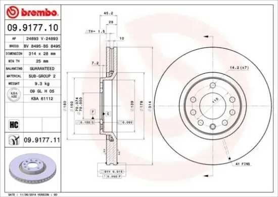 Bremsscheibe Vorderachse BREMBO 09.9177.11 Bild Bremsscheibe Vorderachse BREMBO 09.9177.11