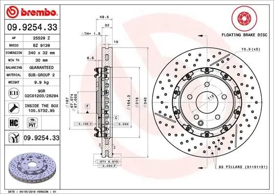 Bremsscheibe BREMBO 09.9254.33 Bild Bremsscheibe BREMBO 09.9254.33