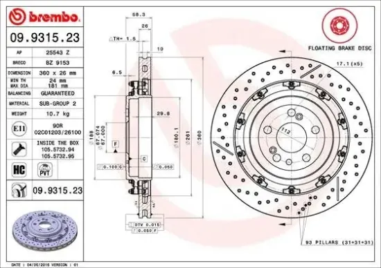 Bremsscheibe Hinterachse BREMBO 09.9315.23 Bild Bremsscheibe Hinterachse BREMBO 09.9315.23