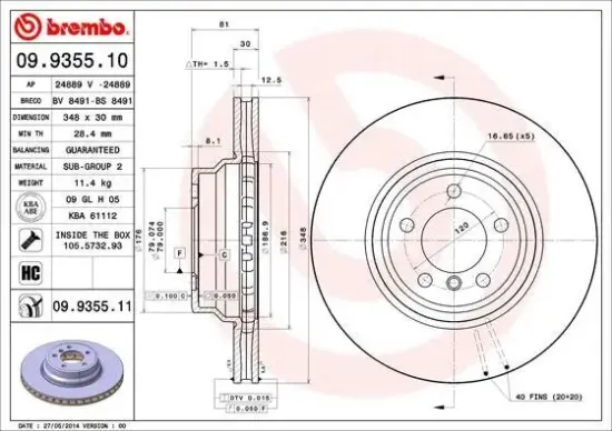 Bremsscheibe Vorderachse BREMBO 09.9355.11 Bild Bremsscheibe Vorderachse BREMBO 09.9355.11
