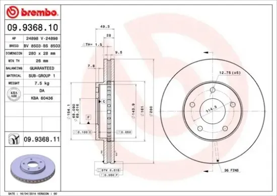 Bremsscheibe Vorderachse BREMBO 09.9368.11 Bild Bremsscheibe Vorderachse BREMBO 09.9368.11