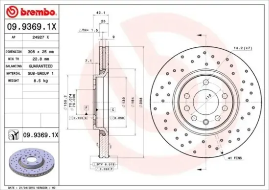 Bremsscheibe Vorderachse BREMBO 09.9369.1X Bild Bremsscheibe Vorderachse BREMBO 09.9369.1X