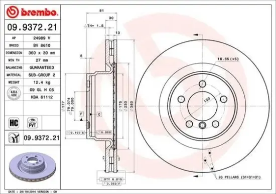 Bremsscheibe Vorderachse BREMBO 09.9372.21 Bild Bremsscheibe Vorderachse BREMBO 09.9372.21