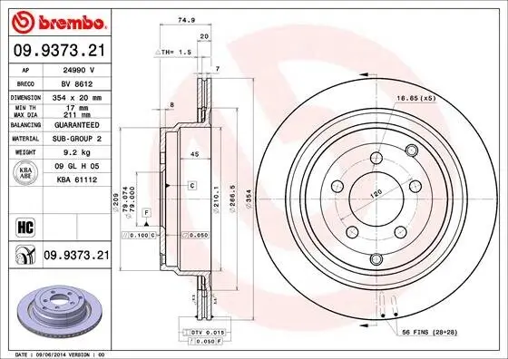 Bremsscheibe BREMBO 09.9373.21 Bild Bremsscheibe BREMBO 09.9373.21