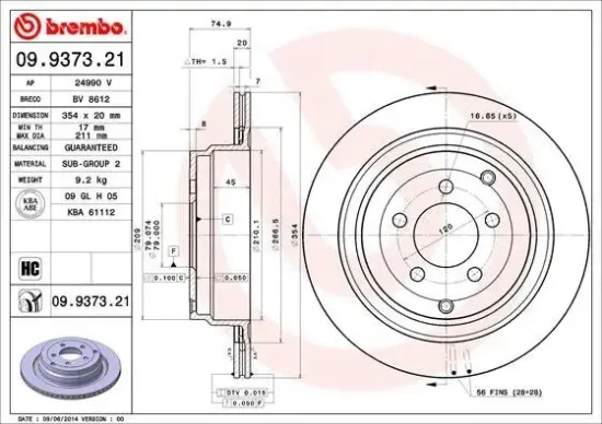 Bremsscheibe Hinterachse BREMBO 09.9373.21 Bild Bremsscheibe Hinterachse BREMBO 09.9373.21