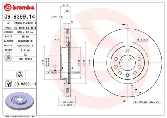 Bremsscheibe Vorderachse BREMBO 09.9399.11 Bild Bremsscheibe Vorderachse BREMBO 09.9399.11